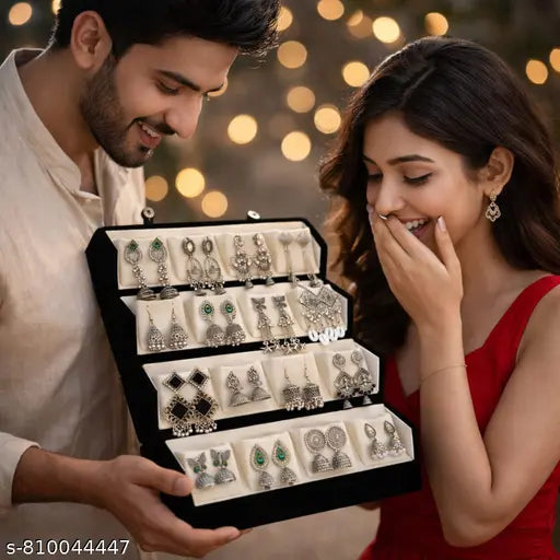 16 Pair Oxidised Silver Earrings Combo Set