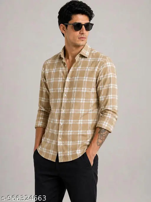 Men’s Slim Fit Checked Cotton Casual Shirt – Beige