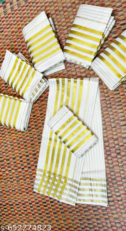 Onam Special Premium Kasavu Striped Set Mundu | Golden Border Kerala Festive Wear