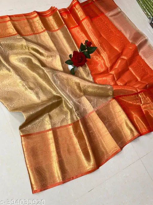 Stunning Kanchivaram Banarasi Tissue Saree – Orange Zari Woven Traditional Wear