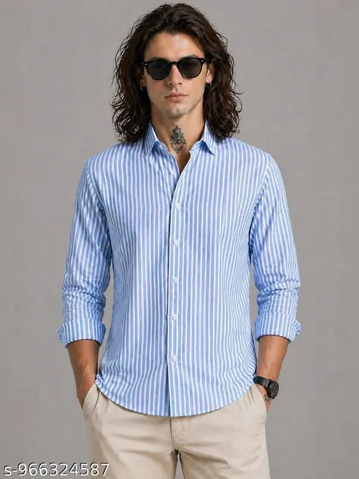 Fubar Men’s Slim Fit Striped Cotton Casual Shirt – Blue
